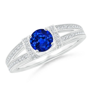 5.5mm AAAA Vintage Style Blue Sapphire Split Shank Ring with Diamonds in White Gold