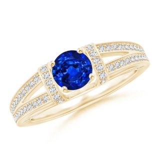 5.5mm AAAA Vintage Style Blue Sapphire Split Shank Ring with Diamonds in Yellow Gold