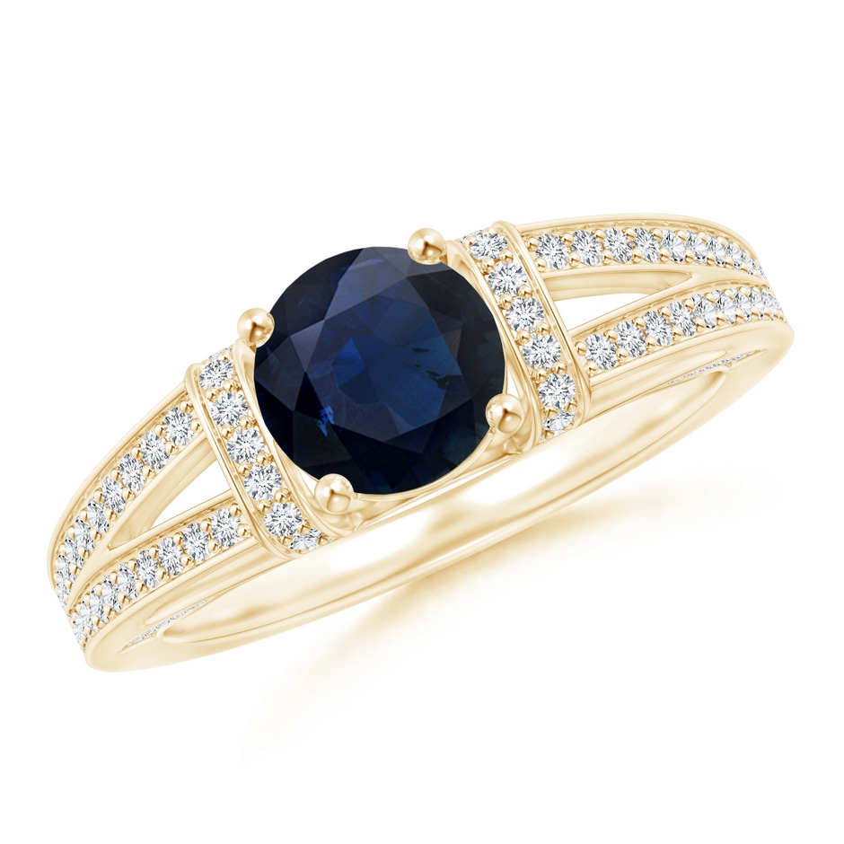 6.5mm A Vintage Style Blue Sapphire Split Shank Ring with Diamonds in Yellow Gold 