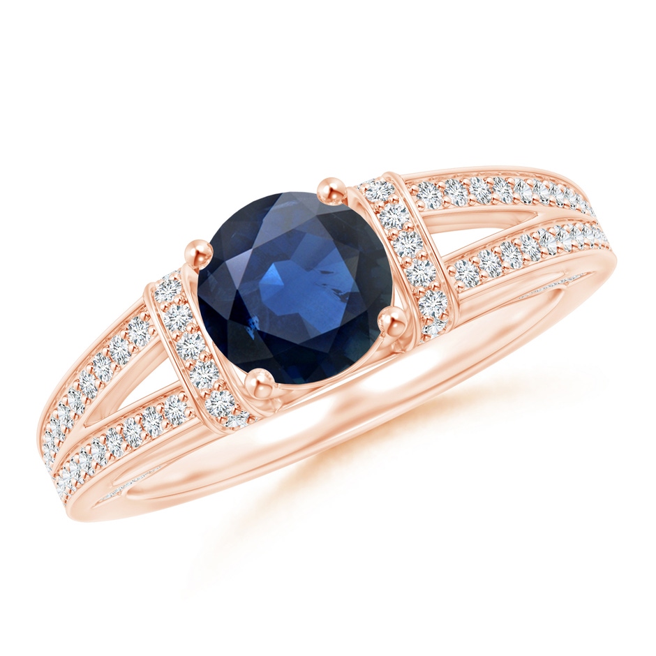 6.5mm AA Vintage Style Blue Sapphire Split Shank Ring with Diamonds in Rose Gold 