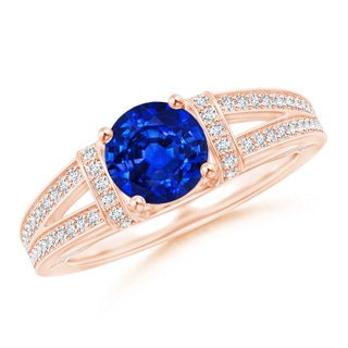 6.5mm AAAA Vintage Style Blue Sapphire Split Shank Ring with Diamonds in Rose Gold