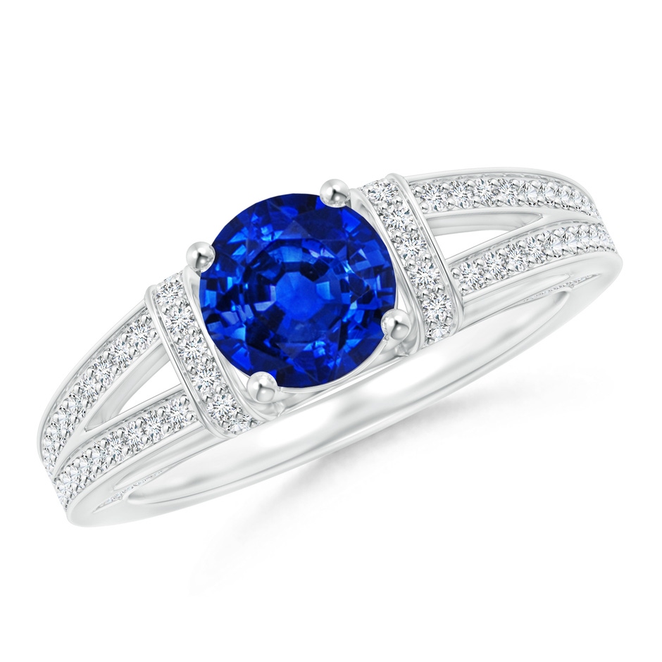 6.5mm AAAA Vintage Style Blue Sapphire Split Shank Ring with Diamonds in White Gold 