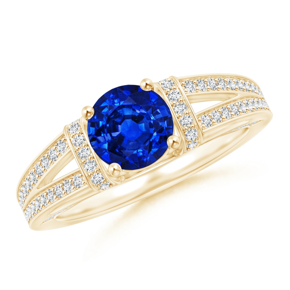 6.5mm AAAA Vintage Style Blue Sapphire Split Shank Ring with Diamonds in Yellow Gold 