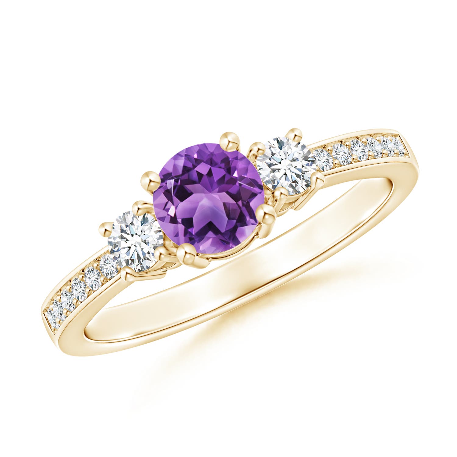 5mm AA Classic Three Stone Amethyst and Diamond Ring in 18CT Yellow Gold