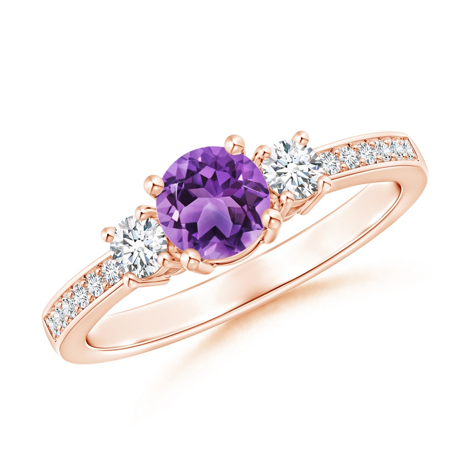 5mm AA Classic Three Stone Amethyst and Diamond Ring in Rose Gold 