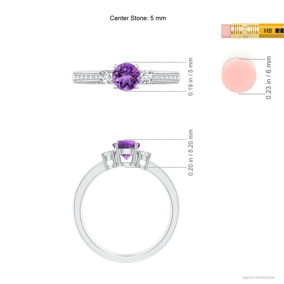5mm AA Classic Three Stone Amethyst and Diamond Ring in S999 Silver ruler