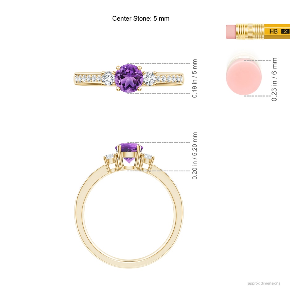 5mm AA Classic Three Stone Amethyst and Diamond Ring in Yellow Gold ruler