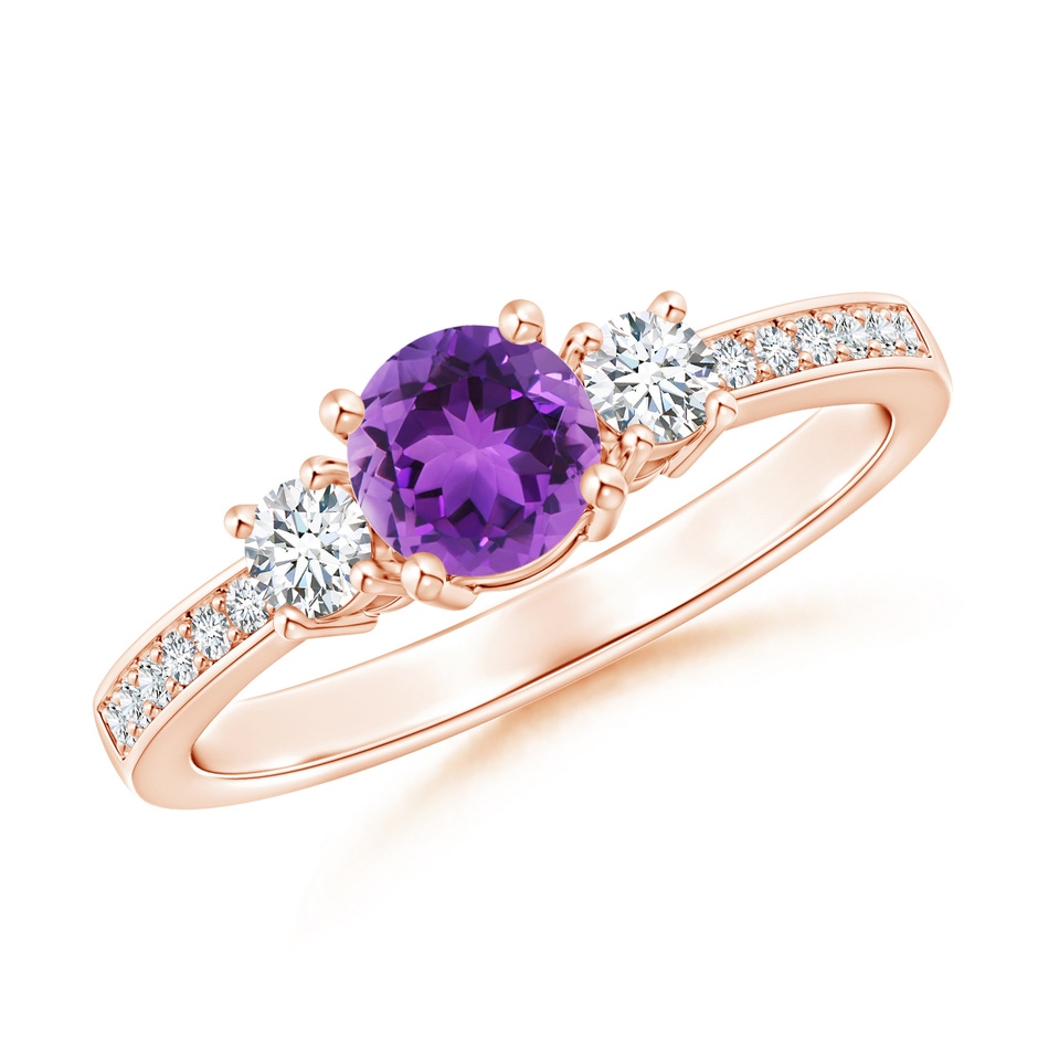 5mm AAA Classic Three Stone Amethyst and Diamond Ring in Rose Gold 