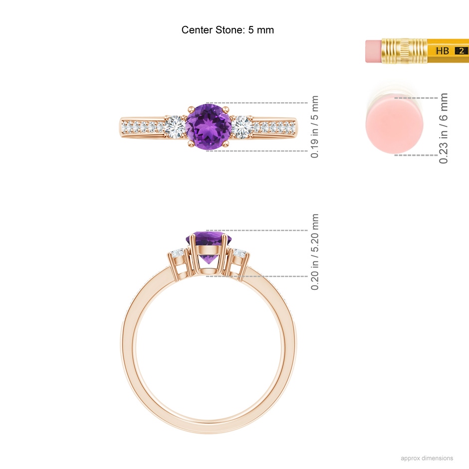 5mm AAA Classic Three Stone Amethyst and Diamond Ring in Rose Gold ruler