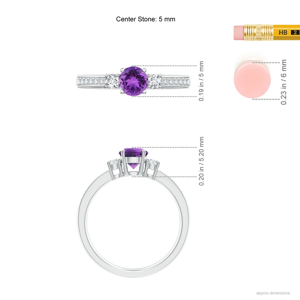 5mm AAA Classic Three Stone Amethyst and Diamond Ring in White Gold Ruler