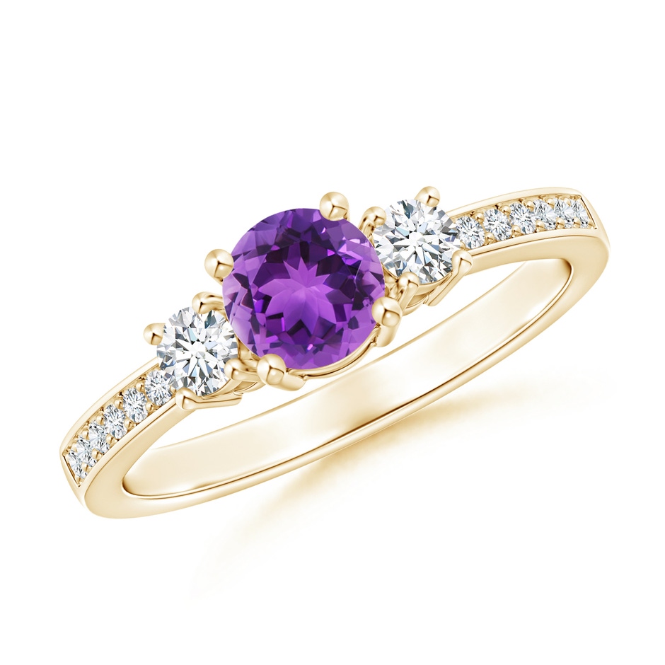 5mm AAA Classic Three Stone Amethyst and Diamond Ring in Yellow Gold 