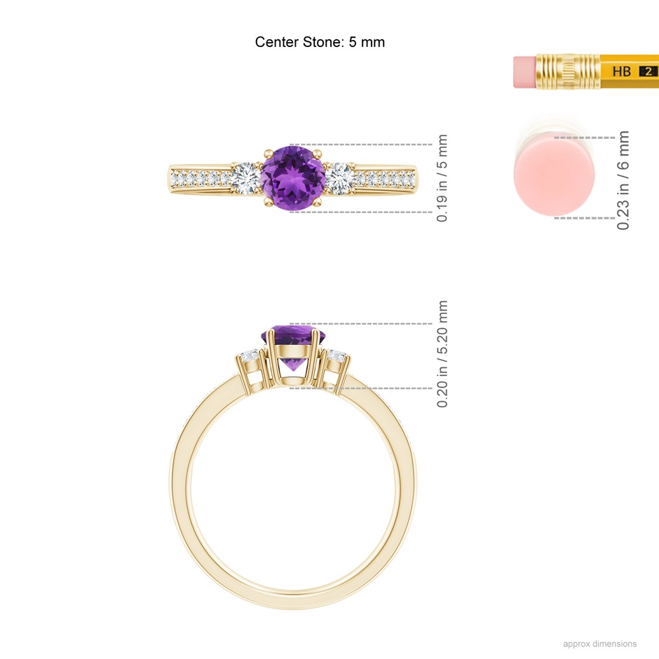 5mm AAA Classic Three Stone Amethyst and Diamond Ring in Yellow Gold ruler