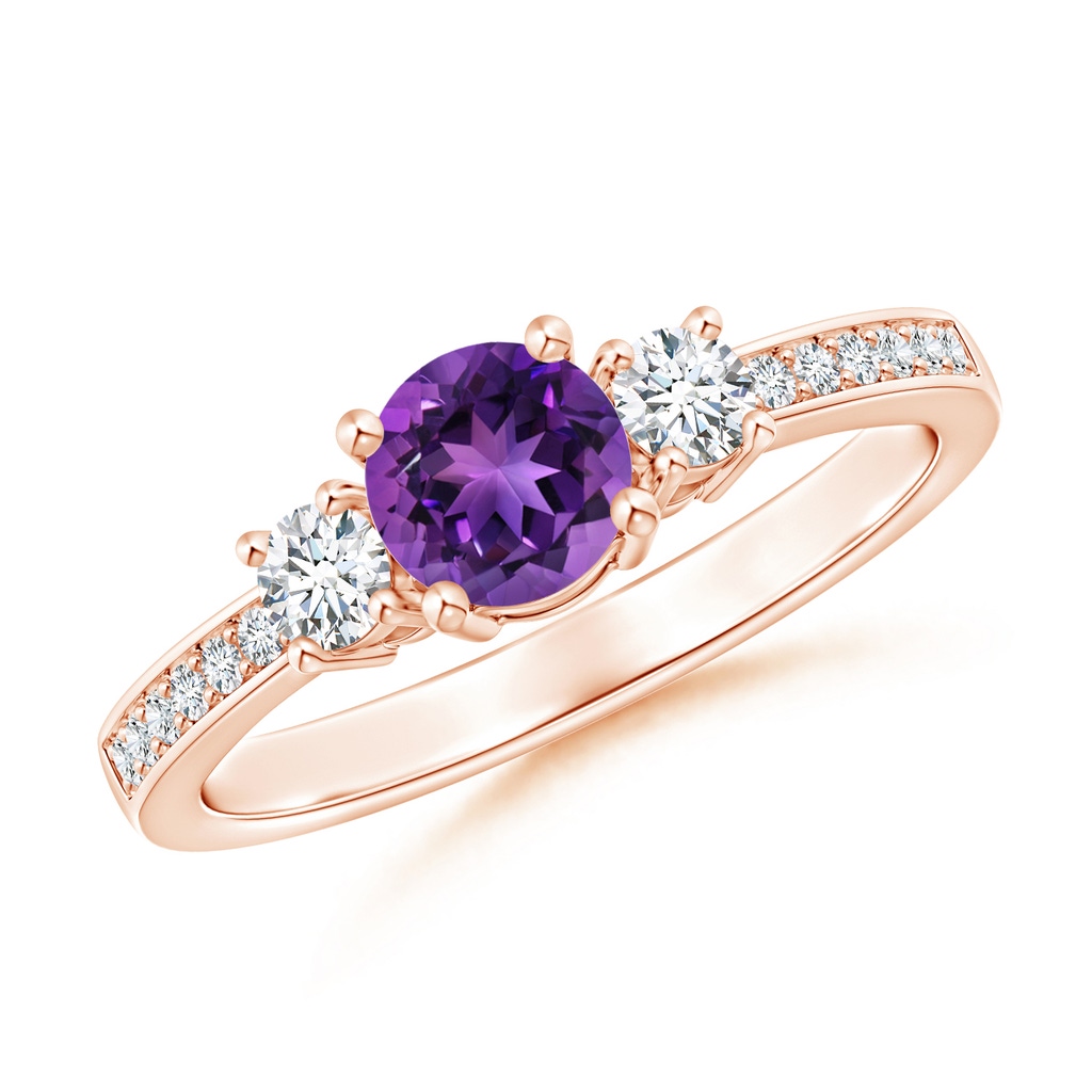5mm AAAA Classic Three Stone Amethyst and Diamond Ring in Rose Gold