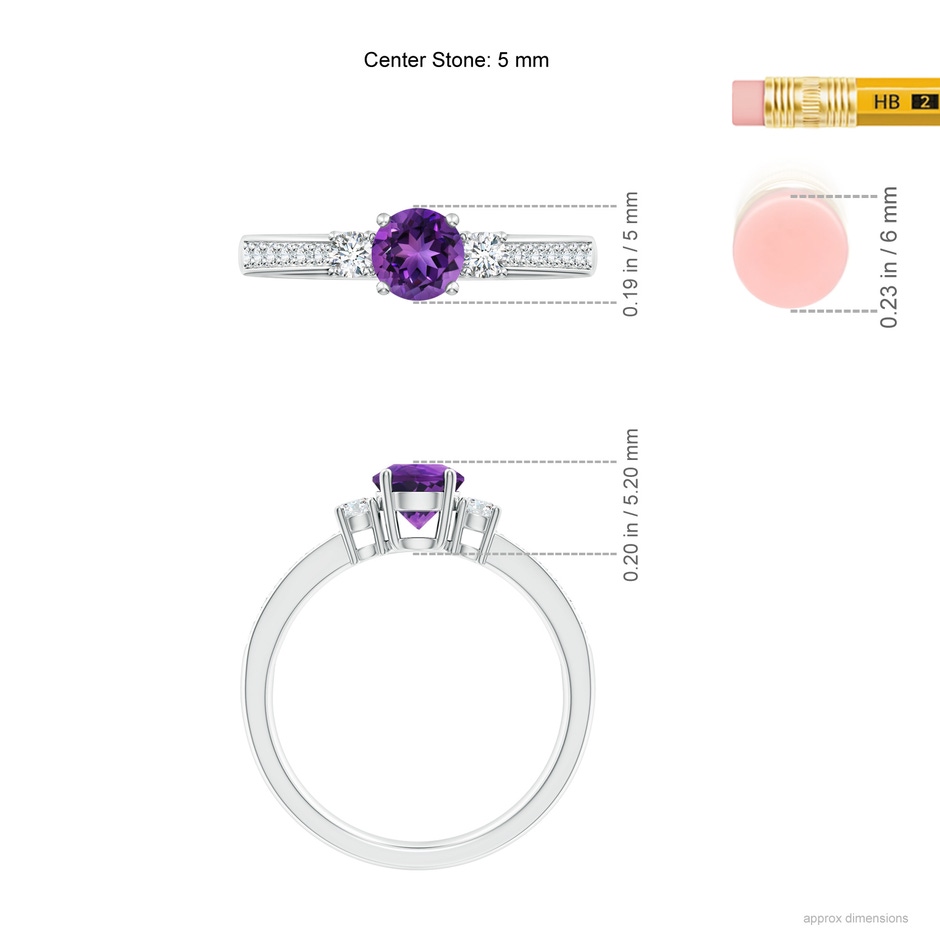 5mm AAAA Classic Three Stone Amethyst and Diamond Ring in White Gold ruler