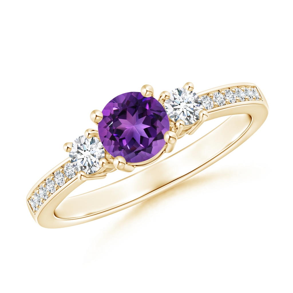 5mm AAAA Classic Three Stone Amethyst and Diamond Ring in Yellow Gold