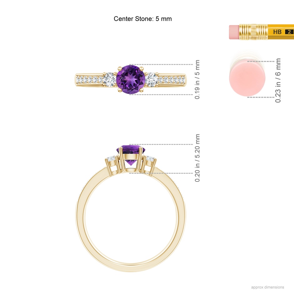 5mm AAAA Classic Three Stone Amethyst and Diamond Ring in Yellow Gold ruler