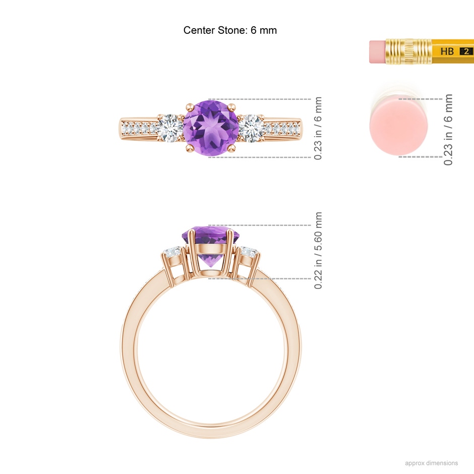 6mm A Classic Three Stone Amethyst and Diamond Ring in Rose Gold ruler