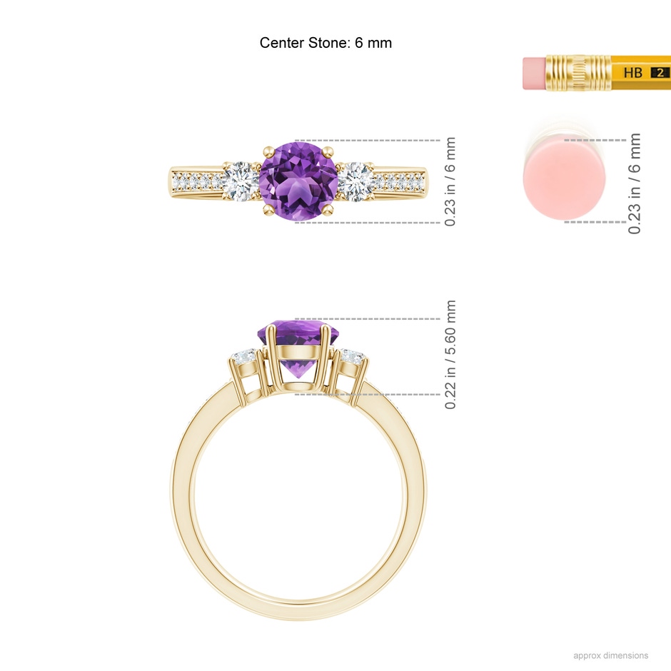 6mm AA Classic Three Stone Amethyst and Diamond Ring in Yellow Gold ruler