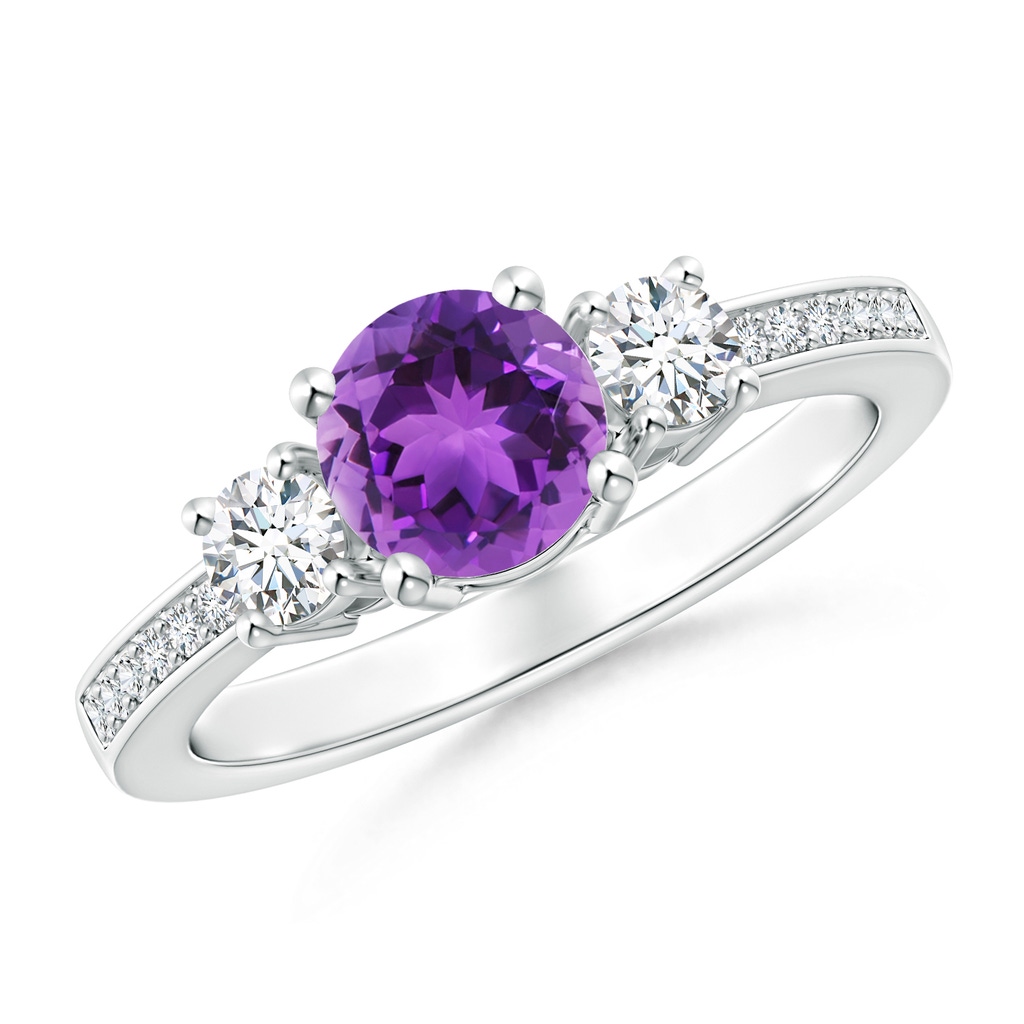 6mm AAA Classic Three Stone Amethyst and Diamond Ring in White Gold 