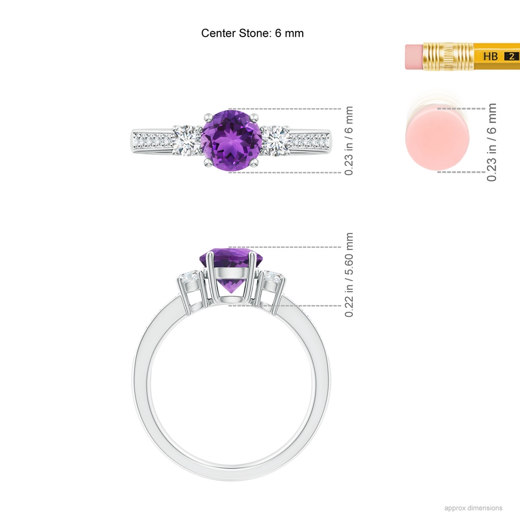 6mm AAA Classic Three Stone Amethyst and Diamond Ring in White Gold Ruler