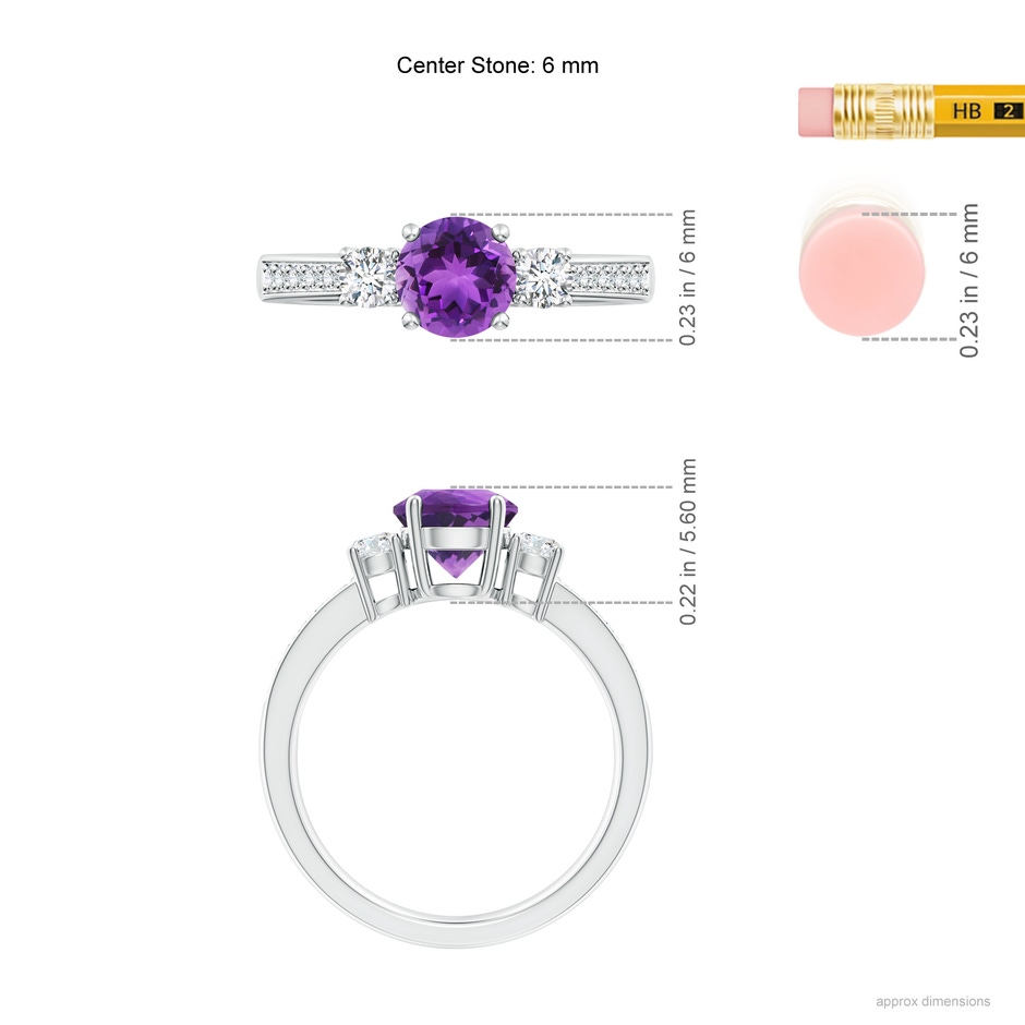 6mm AAA Classic Three Stone Amethyst and Diamond Ring in White Gold ruler