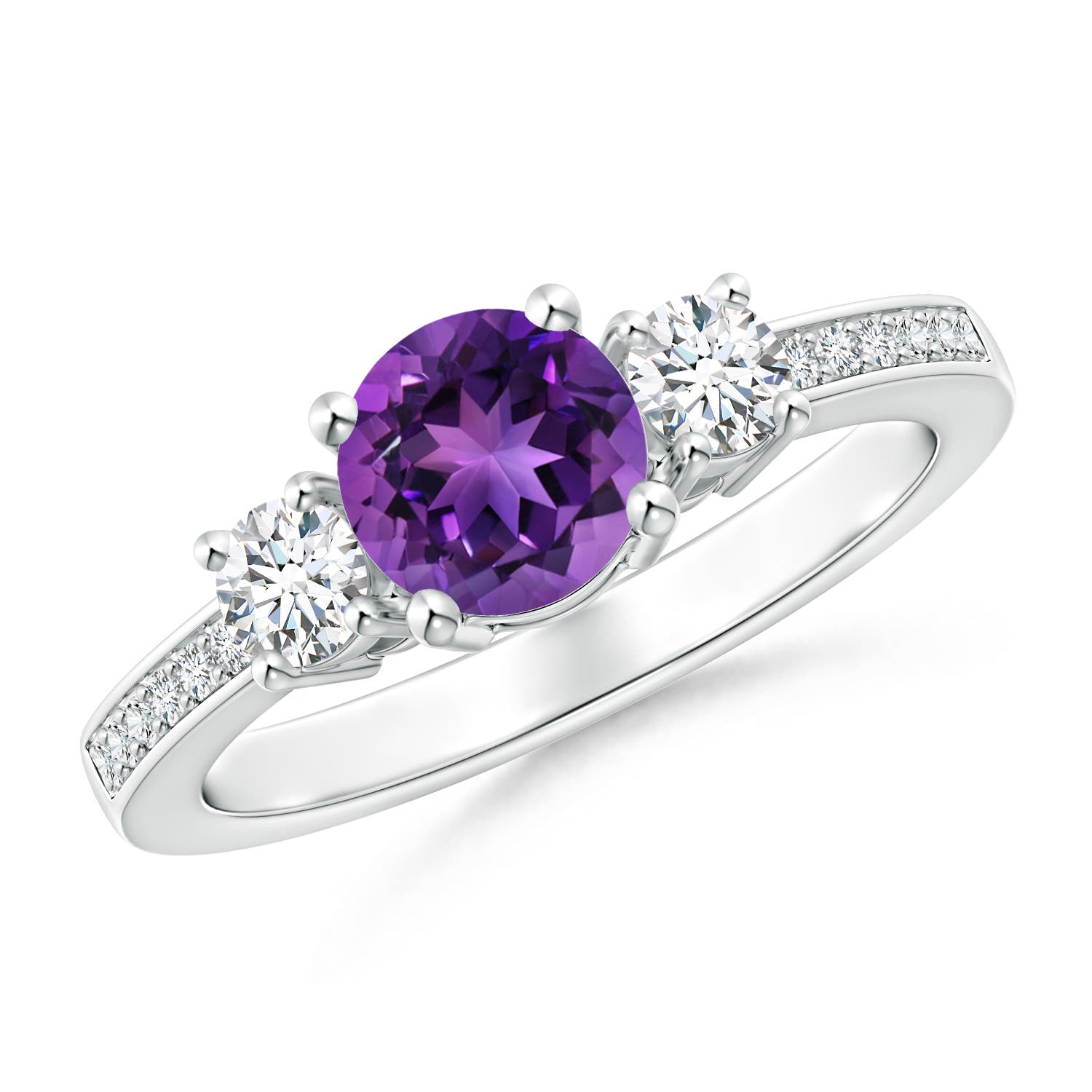 6mm AAAA Classic Three Stone Amethyst and Diamond Ring in P950 Platinum