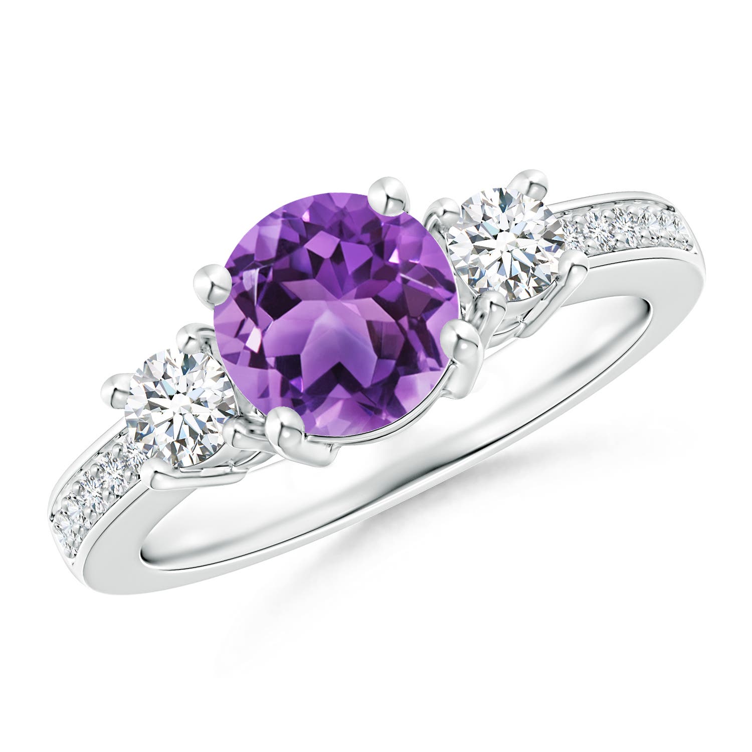 7mm AA Classic Three Stone Amethyst and Diamond Ring in P950 Platinum