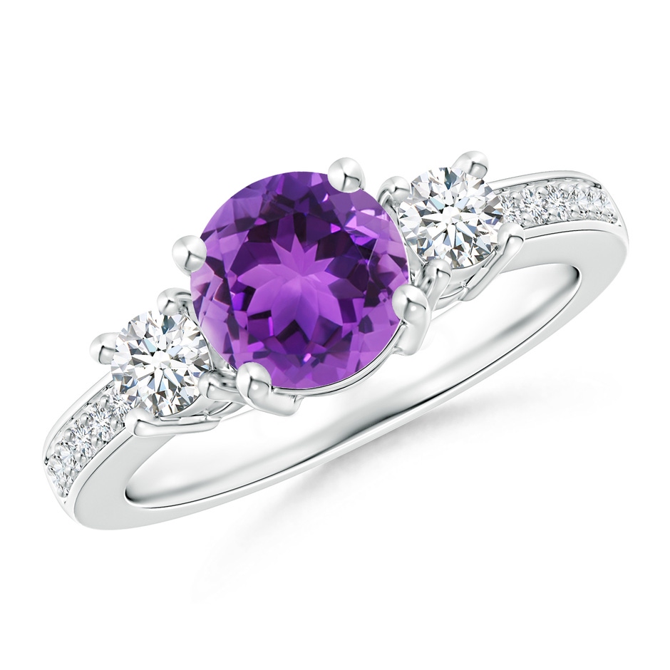 7mm AAA Classic Three Stone Amethyst and Diamond Ring in 18K White Gold 