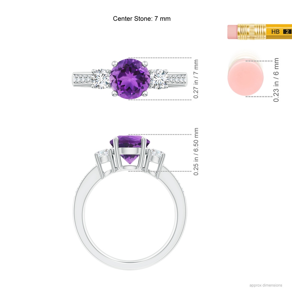 7mm AAA Classic Three Stone Amethyst and Diamond Ring in 18K White Gold ruler