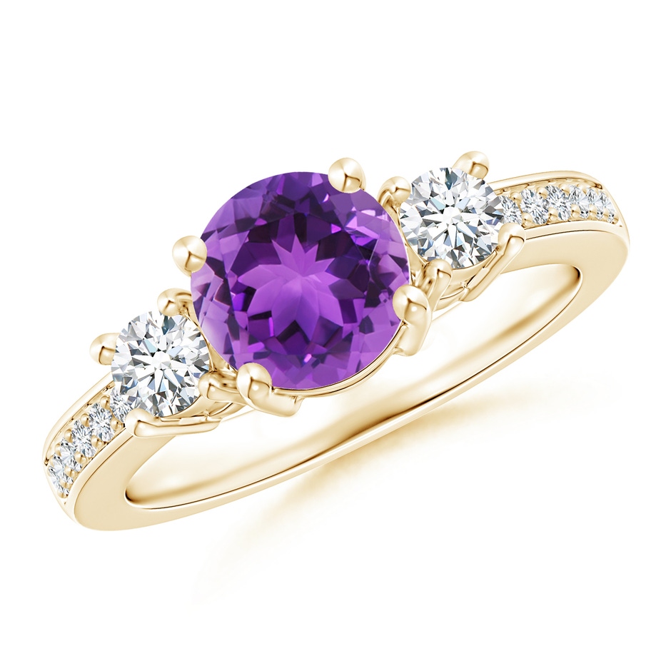 7mm AAA Classic Three Stone Amethyst and Diamond Ring in Yellow Gold 