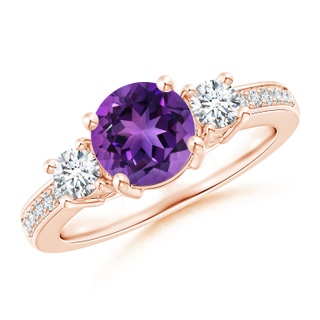 7mm AAAA Classic Three Stone Amethyst and Diamond Ring in 18K Rose Gold