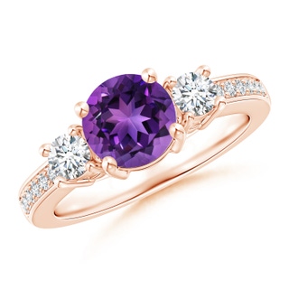 7mm AAAA Classic Three Stone Amethyst and Diamond Ring in Rose Gold