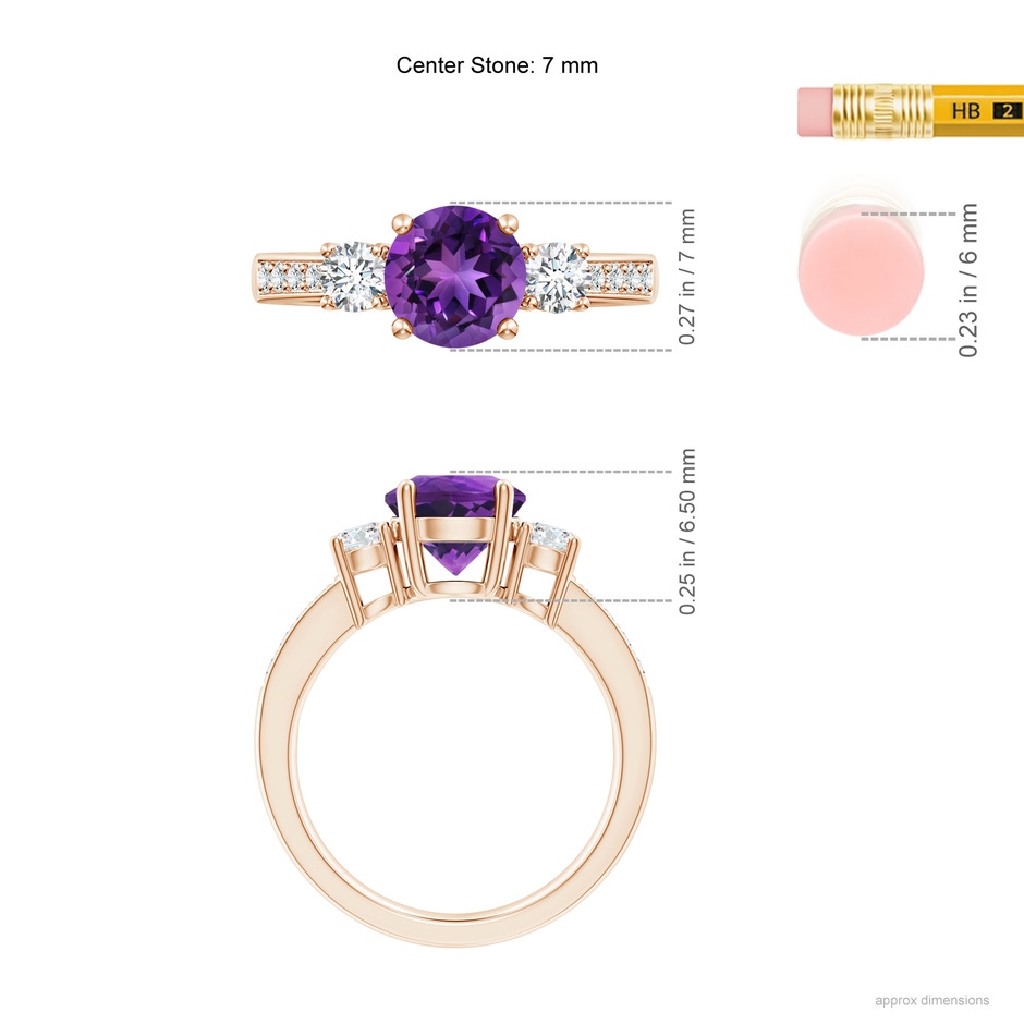 7mm AAAA Classic Three Stone Amethyst and Diamond Ring in Rose Gold ruler