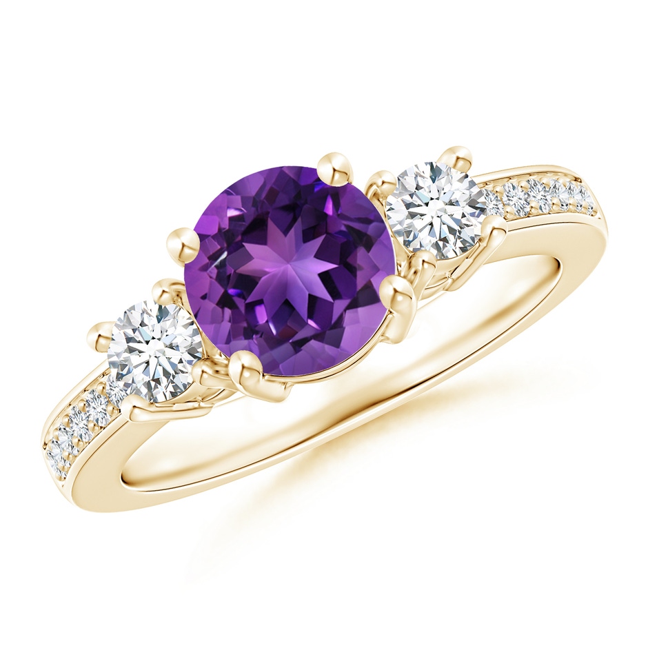 7mm AAAA Classic Three Stone Amethyst and Diamond Ring in Yellow Gold 