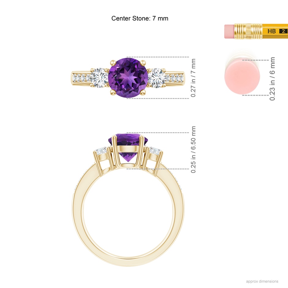 7mm AAAA Classic Three Stone Amethyst and Diamond Ring in Yellow Gold ruler