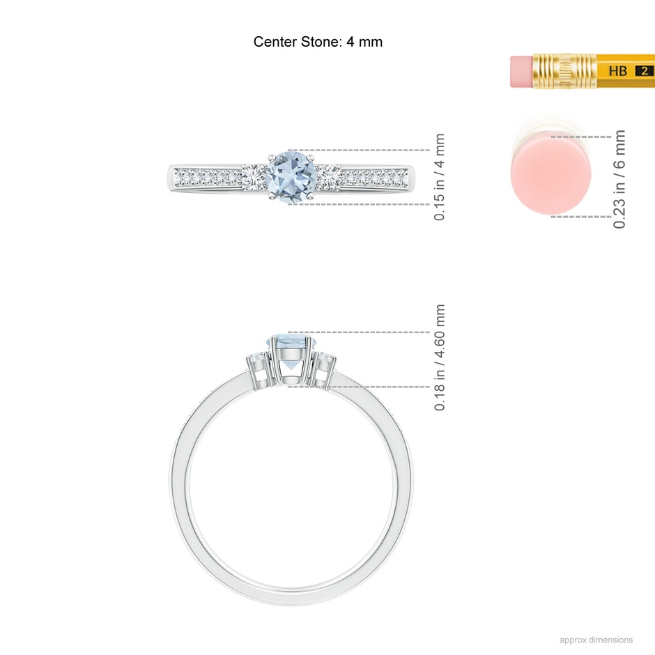 4mm A Classic Three Stone Round Aquamarine and Diamond Engagement Ring in White Gold ruler