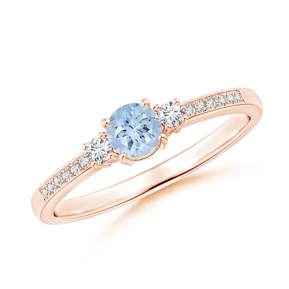 4mm AA Classic Three Stone Round Aquamarine and Diamond Engagement Ring in Rose Gold 