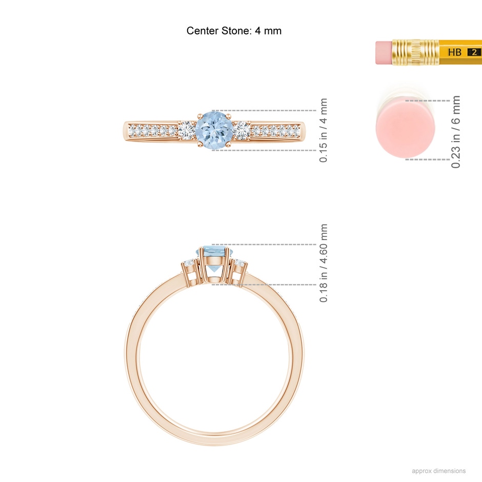 4mm AA Classic Three Stone Round Aquamarine and Diamond Engagement Ring in Rose Gold ruler