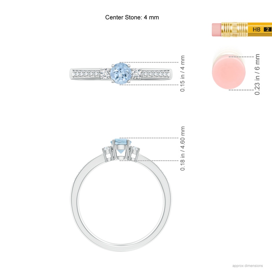 4mm AA Classic Three Stone Round Aquamarine and Diamond Engagement Ring in White Gold ruler