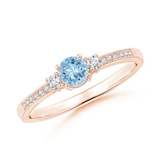 4mm AAA Classic Three Stone Aquamarine and Diamond Ring in 10K Rose Gold