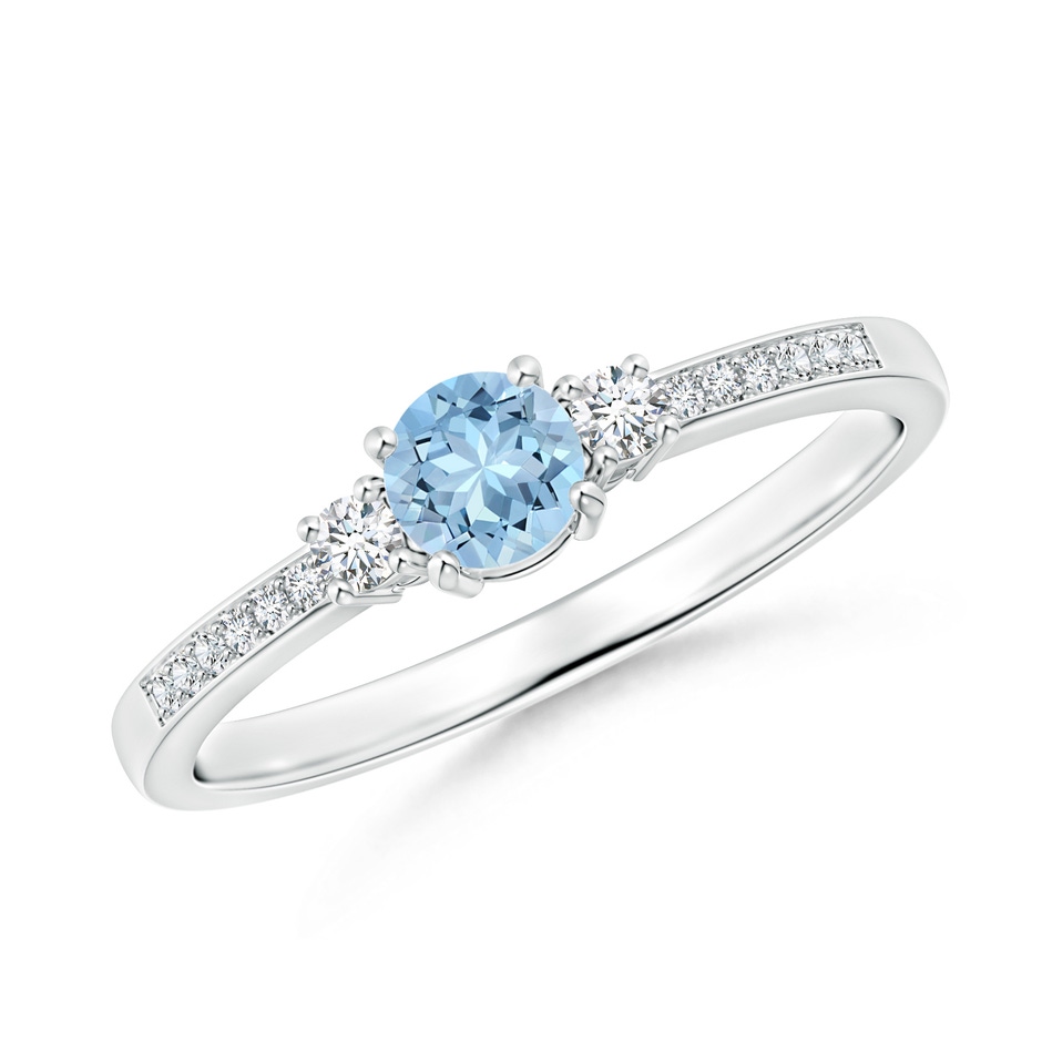 4mm AAA Classic Three Stone Round Aquamarine and Diamond Engagement Ring in White Gold 