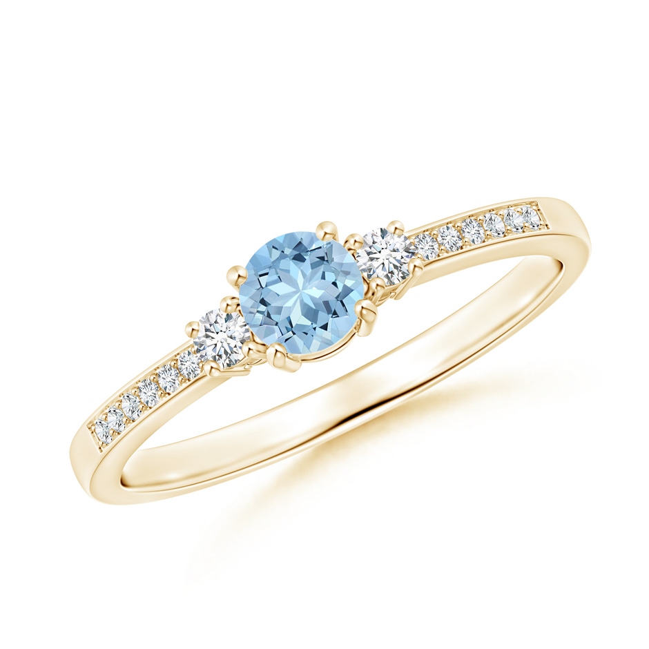 4mm AAA Classic Three Stone Round Aquamarine and Diamond Engagement Ring in Yellow Gold 