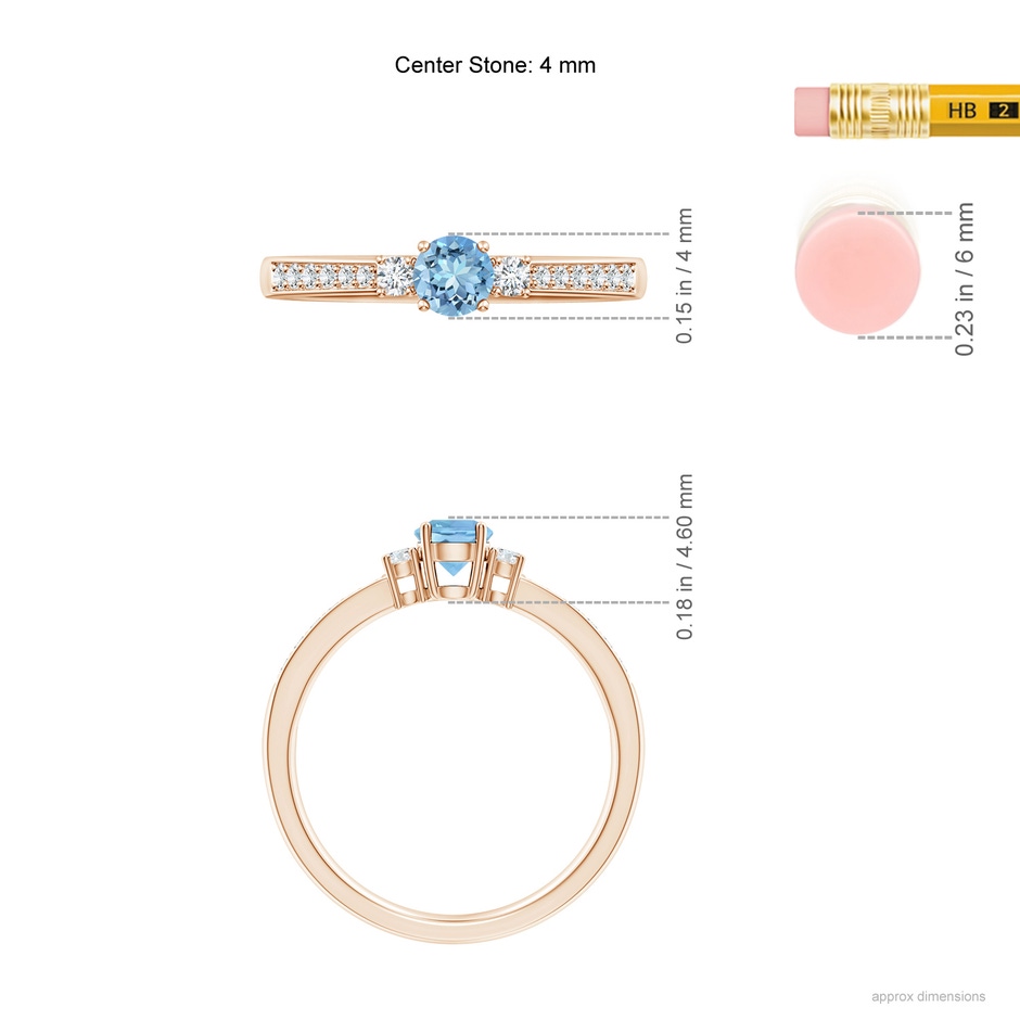 4mm AAAA Classic Three Stone Round Aquamarine and Diamond Engagement Ring in Rose Gold ruler