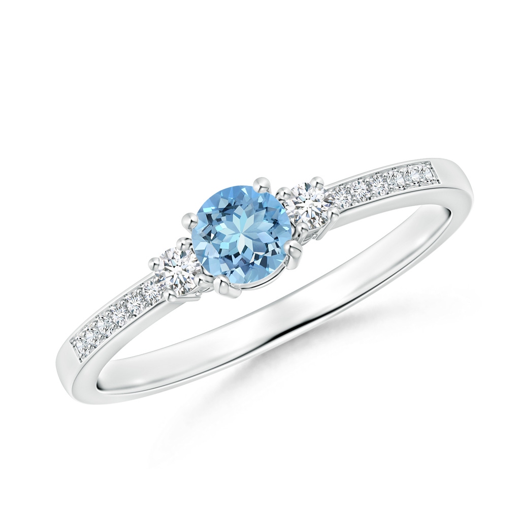 4mm AAAA Classic Three Stone Round Aquamarine and Diamond Engagement Ring in White Gold