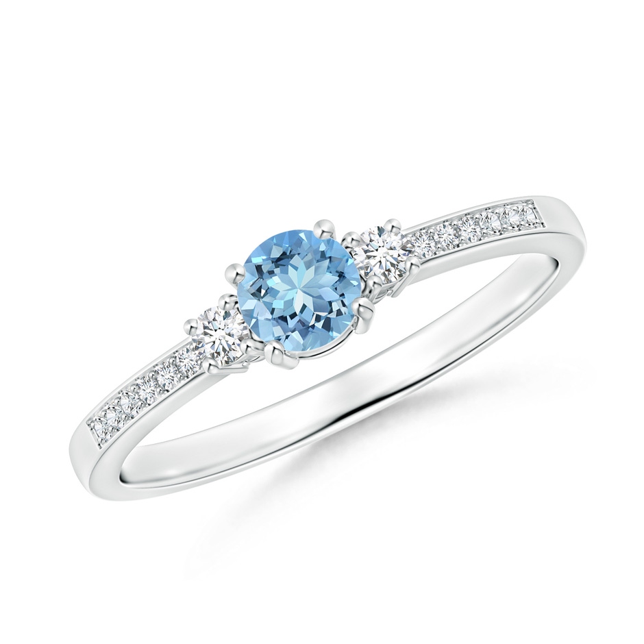 4mm AAAA Classic Three Stone Round Aquamarine and Diamond Engagement Ring in White Gold 