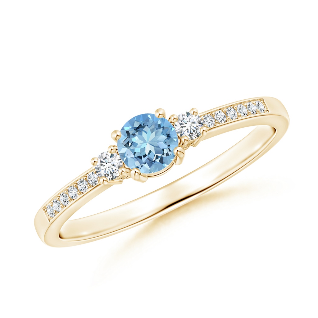 4mm AAAA Classic Three Stone Aquamarine and Diamond Ring in Yellow Gold