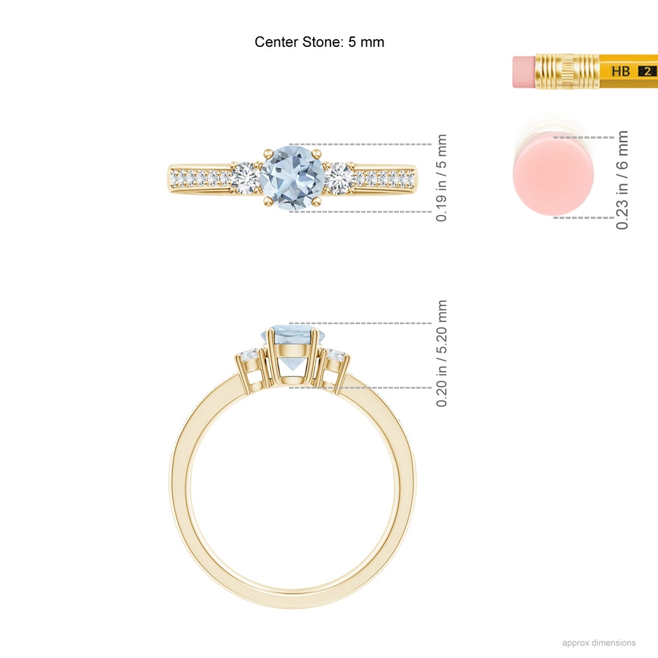 5mm A Classic Three Stone Round Aquamarine and Diamond Engagement Ring in Yellow Gold ruler