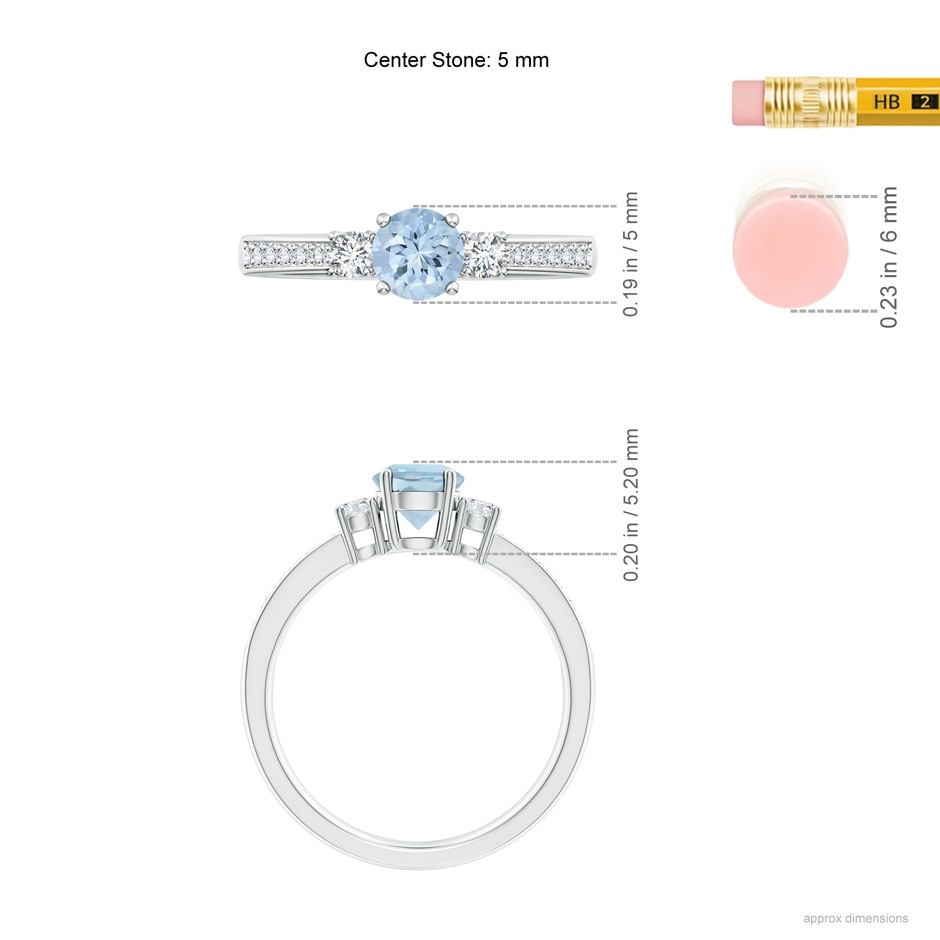 5mm AA Classic Three Stone Round Aquamarine and Diamond Engagement Ring in White Gold ruler