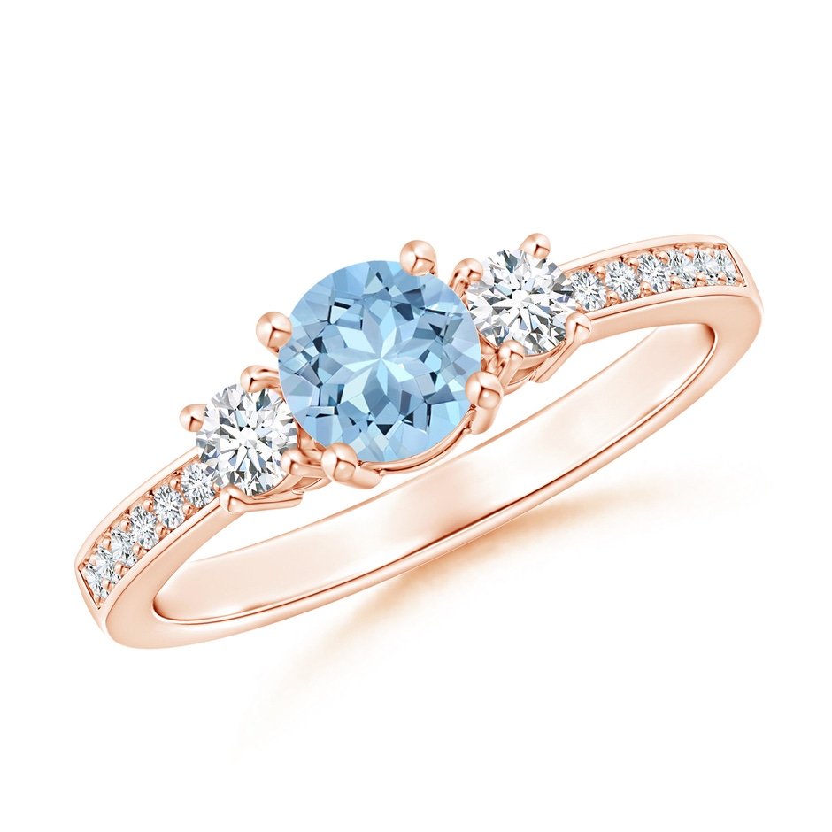 5mm AAA Classic Three Stone Round Aquamarine and Diamond Engagement Ring in Rose Gold 