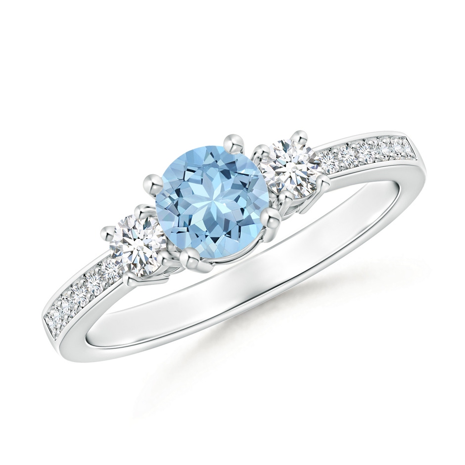 5mm AAA Classic Three Stone Round Aquamarine and Diamond Engagement Ring in White Gold 